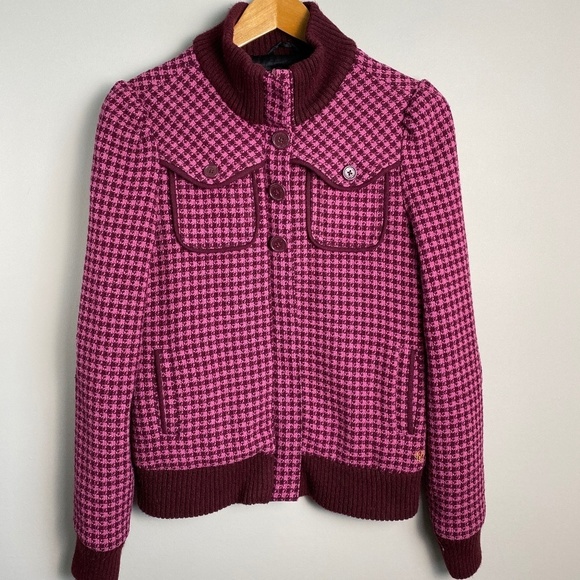 Billabong Women's Lumber Jane Houndstooth Plaid Wool Blend Bomber Jacket Zip Up‎ - Picture 1 of 16
